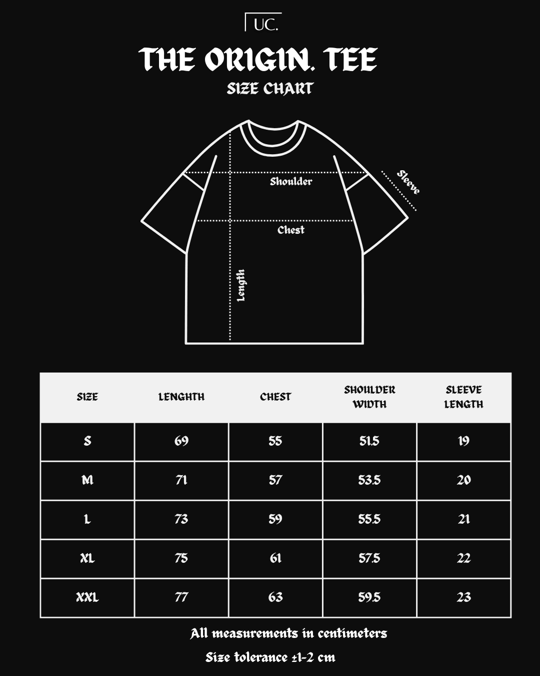 Size chart for 'The Origin Tee' with measurements in centimeters on a black background
