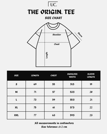 UNCAGED. Origin Tee size chart — S to XXL measurements in centimeters for length, chest, shoulder width, and sleeve length
